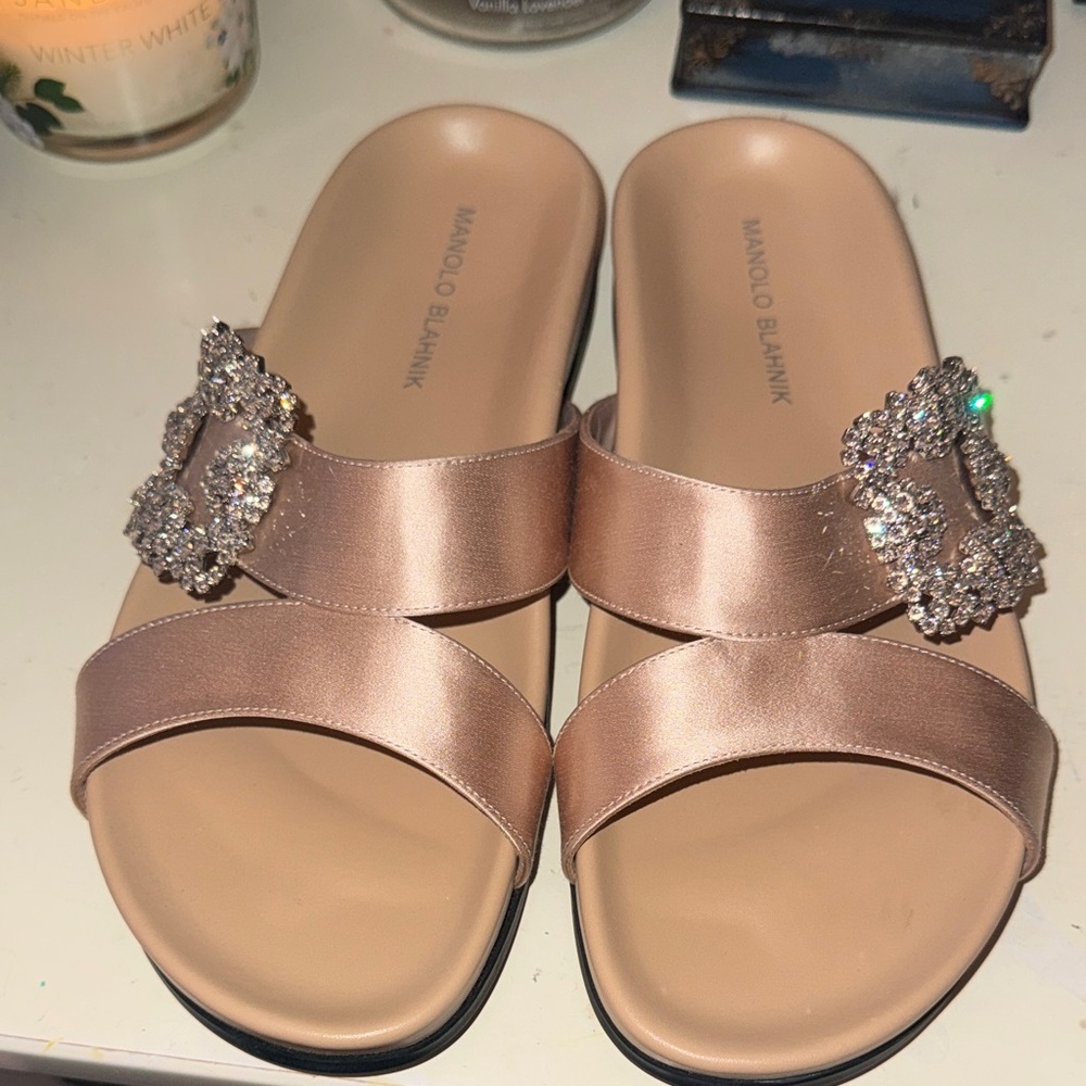 Manolo Blahnik Rose Gold Satin Crystal-Buckle Slide Sandals